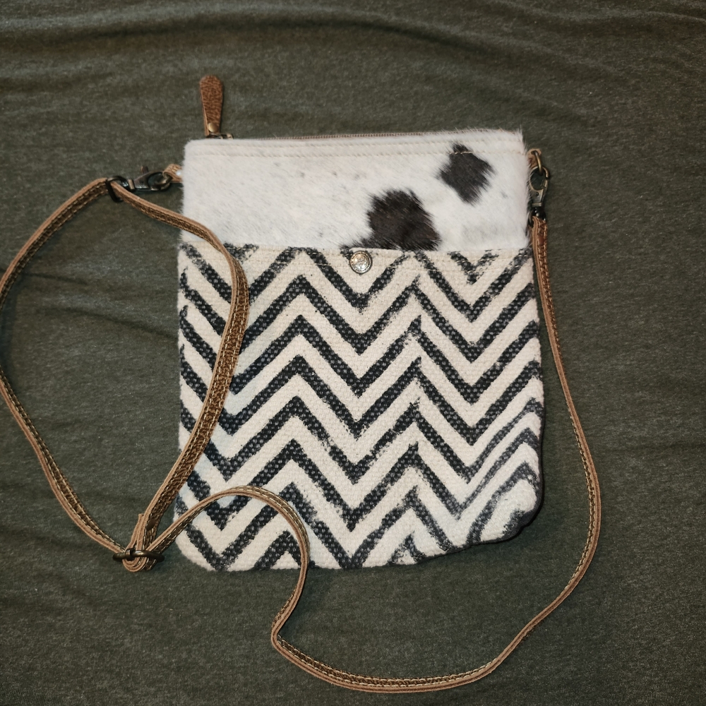 Myra Bag Black & White Chevron Crossbody with Cowhide Accent and Tan Strap